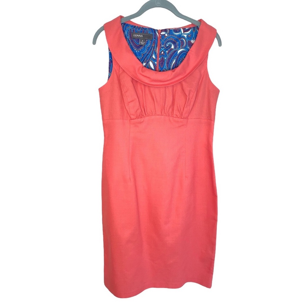 Donna Ricco Coral Cotton Sheath Dress Pleated Bodice Zipper Back Collared Sz 6